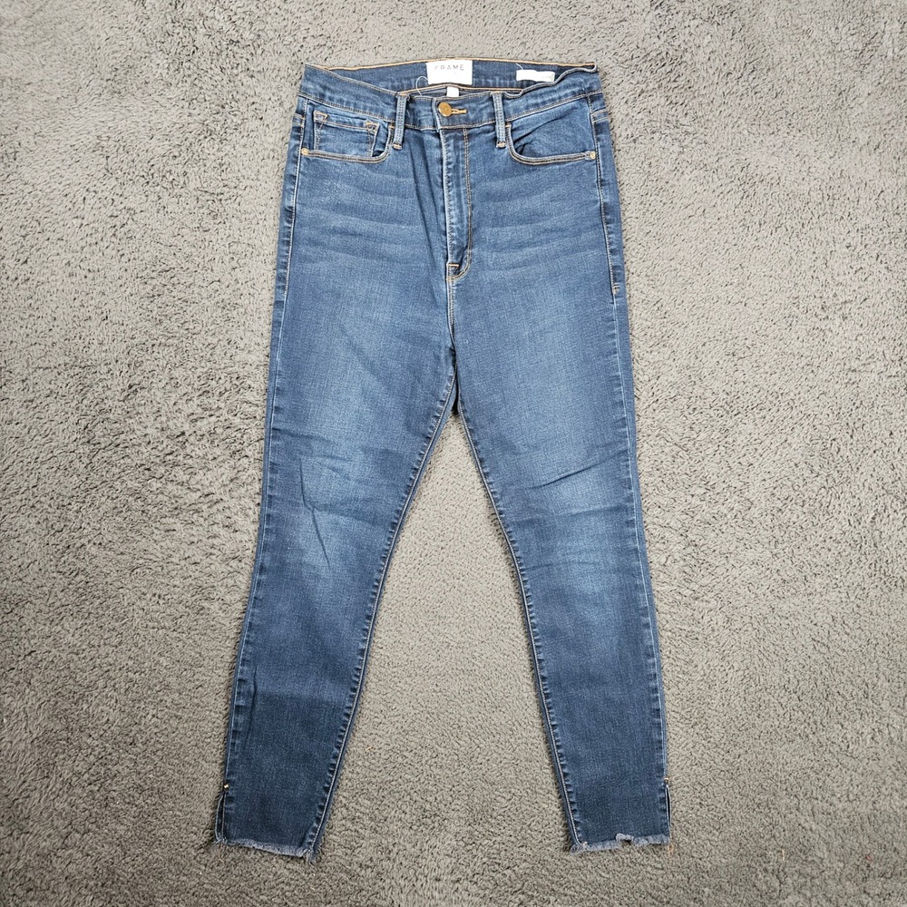 FRAME Ali High Rise Cigarette Jeans Fonda Blue Raw‎ Hem Slit Size 30